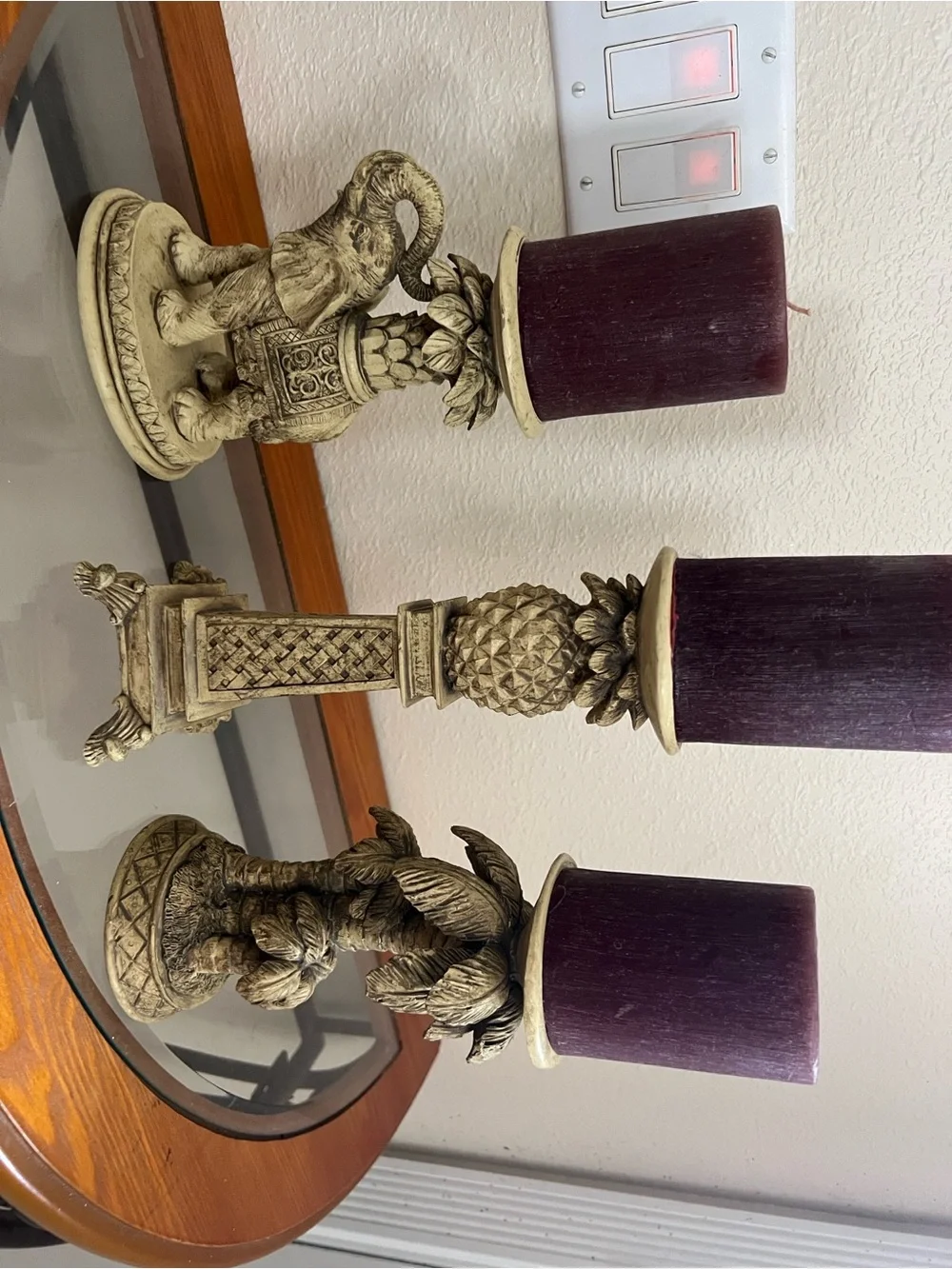 Pier 1 Burgundy Pillar Candles with Antique Ivory Decorative Holders